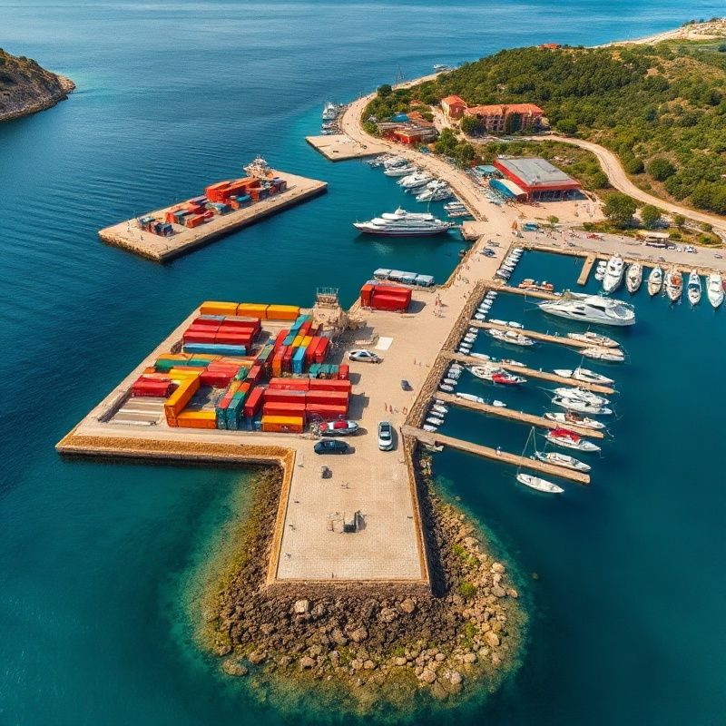 Zračni pogled na hrvatsku obalnu luku s teretnim kontejnerima i turističkom marinom